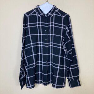 Vintage Talbots Blouse Womens 12 Irish Linen Black White Windowpane Button Down